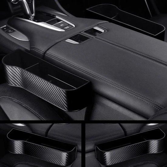 autostoel organizer bestuurder en bijrijder met bekerhouder | Auto opbergdoos met bekerhouder | Auto organizer | Gap filler autostoel | Auto gap vuller | Organizer in carbon fiber look | Auto accessoires | Opbergen auto accessoires van MDMND.