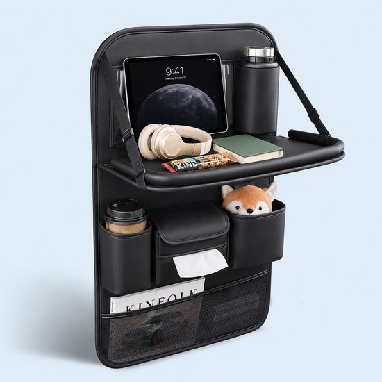 Autostoel Organizer - Grote Rugleuningbescherming - Gemaakt van waterdicht PU-leer - Zwart - Organizer met Klaptafel - Ipad - Tablettas En Veel Vakken