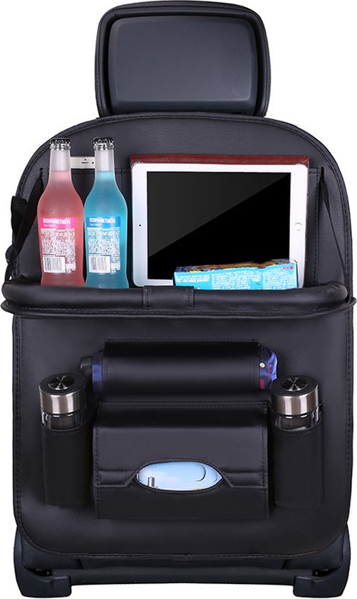 Autostoel Organizer met Inklapbaar Tafeltje - Zwart - PU leder - Universeel van Merkloos