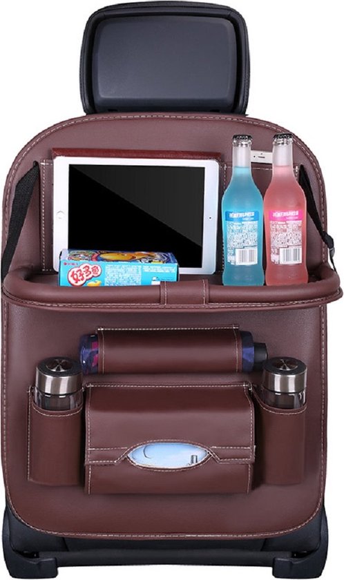 Autostoel Organizer - Met Tafeltje & Bekerhouders - Car Seat Organizers - Klaptafel - Opberger - Auto Accessoires - Bruin