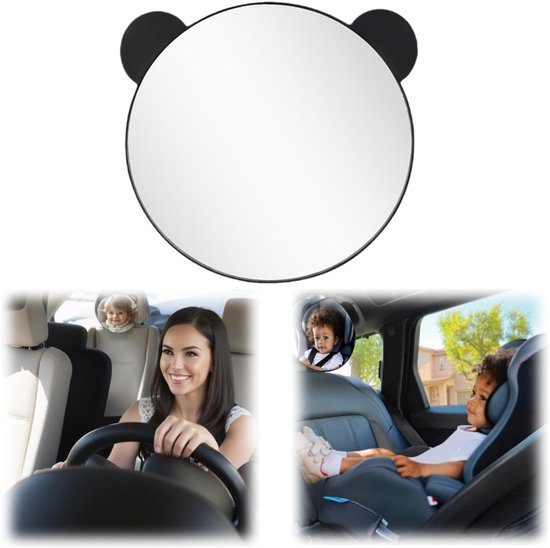 Autostoel spiegel - baby-observatiespiegel in de auto - reflector van de auto - autostoel accessoire - vorm van berenoren - met verstelbare bevestigingsriem - voor achterwaarts gerichte autostoeltjes (17*17,5 cm - zwart) van Psevdi