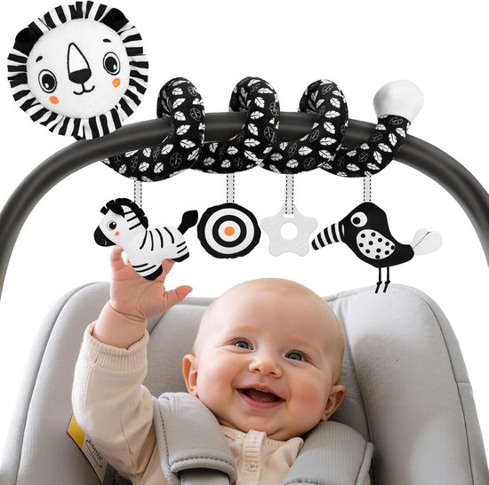 Autostoelspeelgoed voor baby's van 0-6 maanden - Reisspeelgoed voor baby's, zacht hangend speelgoed voor in de autostoel - Spiraalvormig pluche speelgoed met hoog contrast in zwart-wit voor jongens en meisjes van Merkloos