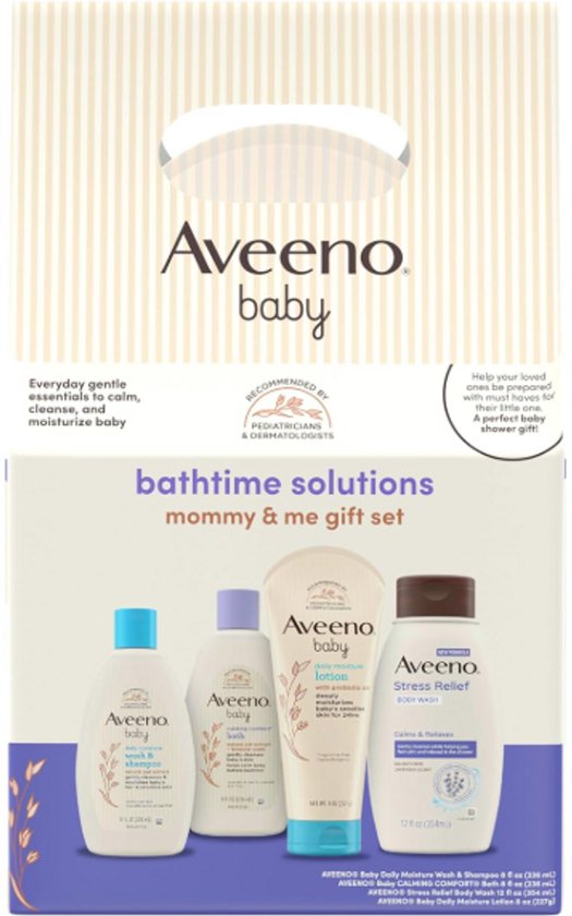 Aveeno Baby Bathtime Gift Set Mommy & Me – 4-delige Babyverzorging & Stress Relief voor Mama – Baby Wash, Shampoo, Dagelijkse Lotion & Calmerend Bad, Colloïdale Havermout van Aveeno