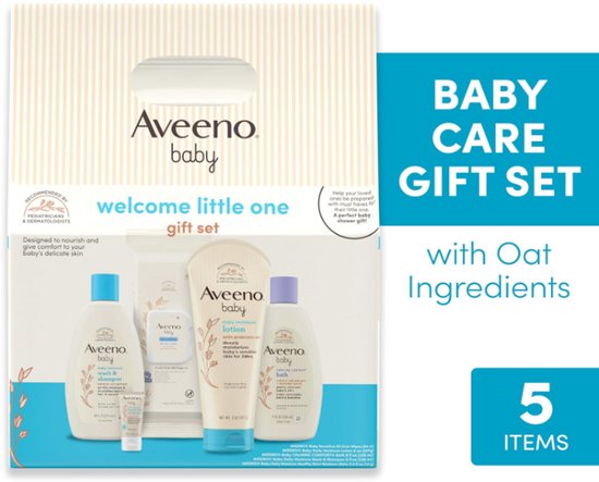 Aveeno Baby Welcome Little One Cadeauset - 5-delige Complete Verzorging voor Pasgeboren Baby - Body Wash & Shampoo, Kalmerende Badwash, Vochtige Doekjes, Dagcrème & Balsem van Merkloos