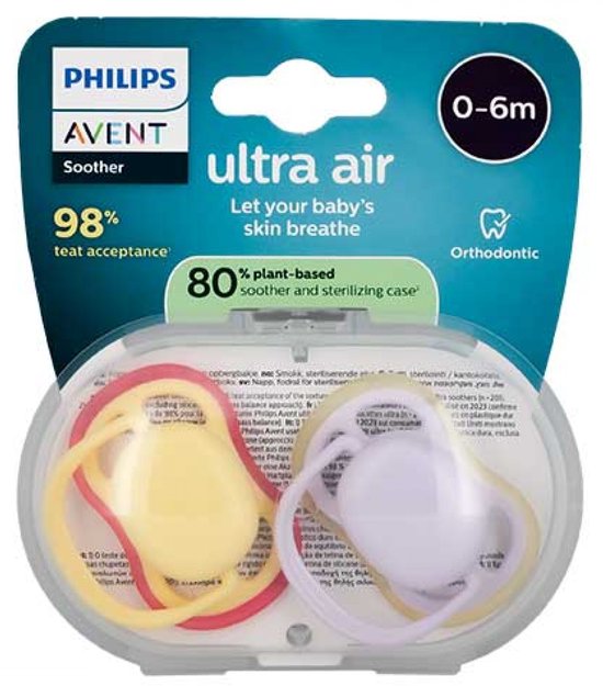 Avent Ultra Air 2 Orthodontische Fopspenen 0-6 Maanden (Kleur : Geel en Mauve)