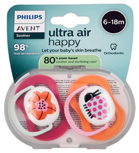 Avent Ultra Air Happy 2 Orthodontische Fopspenen 6-18 Maanden (Modellen : Bloem en Lieveheersbeestje)