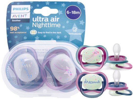 Avent Ultra Air Nighttime 2 Orthodontische Fopspenen 6-18 Maanden (Kleur : Blauw)