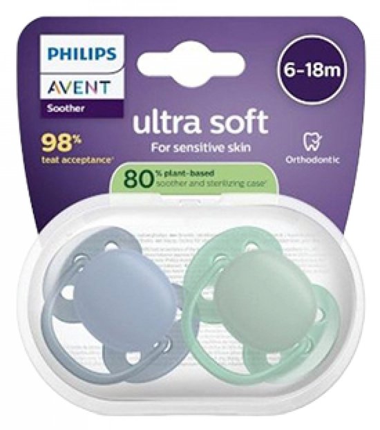 Avent Ultra Soft 2 Orthodontische Siliconen Fopspenen 6-18 Maanden (Kleur : Blauw) van Merkloos