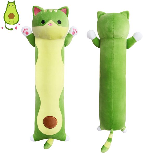 Avocado Kat Knuffel Kussen 56 cm – Lange Pluche Kat – Zacht Hugging Kussen voor Kinderen & Volwassenen – Groen Avocado Design van Merkloos