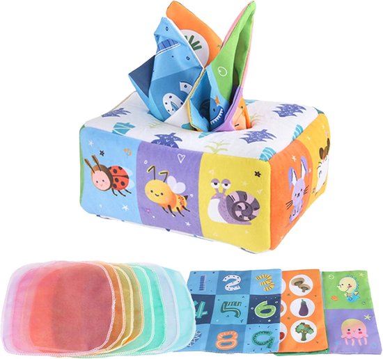 Babies Tissue Box - Sensory Speelgoed - Baby Ontwikkeling - Zachte Stoffen Materialen - 17 cm Lengte - Multicolor
