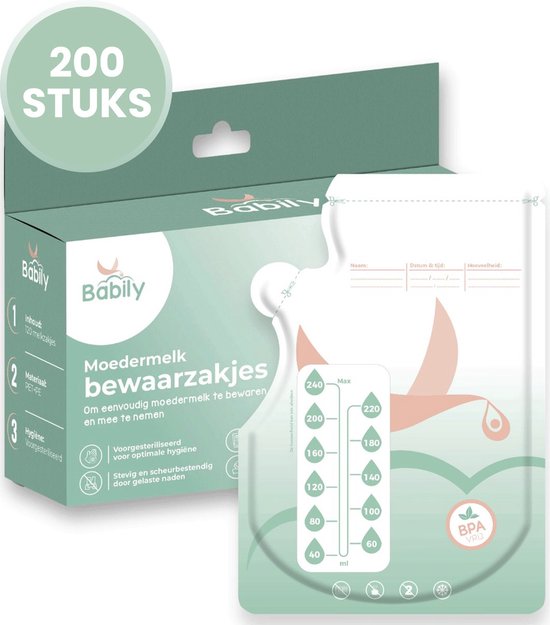 Babily Moedermelk bewaarzakjes - 200 stuks - Borstvoeding bewaarzakje - Melkzakjes - 240 ml - Met dubbele sluiting en schenktuit van Merkloos