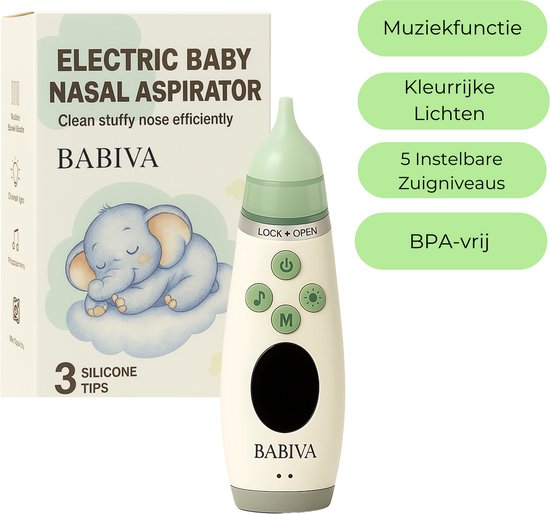 BABIVA® Neusreiniger Premium 2025 – Elektrische neusreiniger baby – Zachte baby neusreiniger met licht en muziek – Neusdouche - Oplaadbaar & draagbaar – Baby Neusreiniger & neusaspirator - Inclusief neusreiniger opbergdoos van BABIVA