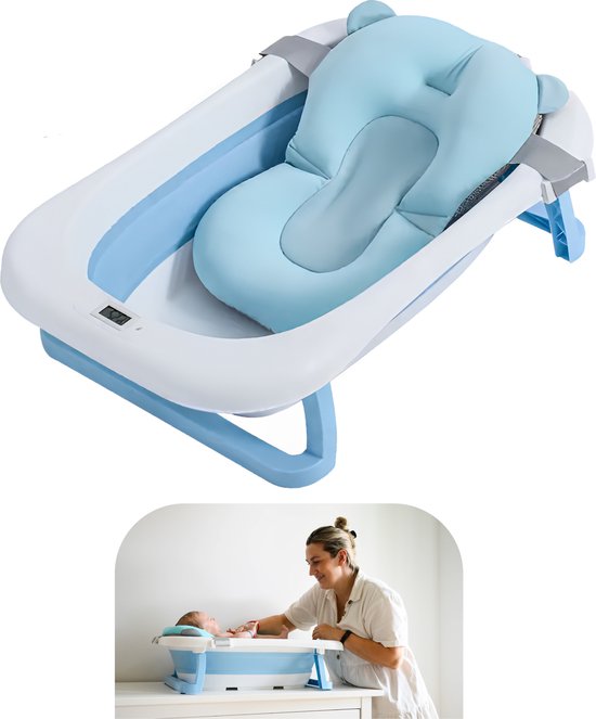Baboe Opvouwbaar Baby Bad - Babybad met Digitale Thermometer - Zitbad - Opvouwbaar bad - Incl Badkussen - Blauw van Merkloos