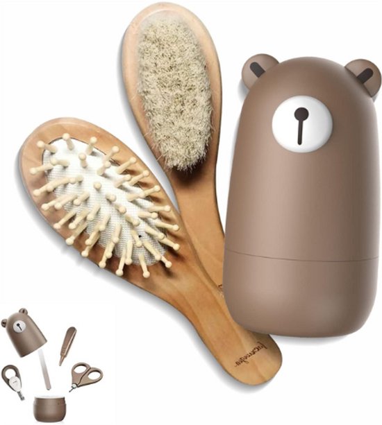 Baby 6-in-1 Verzorgingsset - Houten Haarborstel & Kam - Nagelschaar & Nagelvijl - Pincet Voor Pasgeborenen & Kinderen - Schattige Cadeauverpakking van Emoana