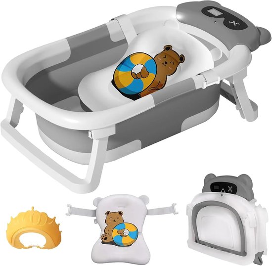 Baby Bad - Babybad - Met Ingebouwde Thermometer - Real Time Temperatuur - Met Kussen - Met Standaard - Inklapbaar - Grijs - Wit van Merkloos