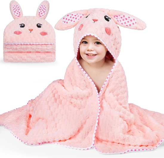 Baby Badcape - Omslagdoek Capuchon - Baby Afdrogen - Dierenmotief Capuchon - 140x70 cm - Roze