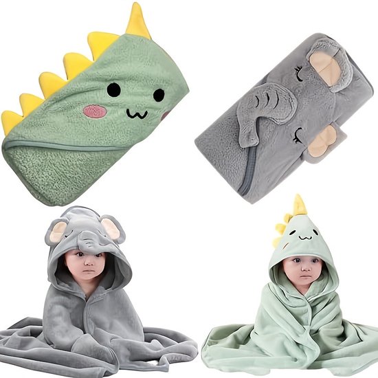 Baby Badcape Set 2 Stuks - Olifant & Dinosaurus Capuchon - Superabsorberende Microvezel Badhanddoek - Cadeau voor Pasgeborenen van Merkloos