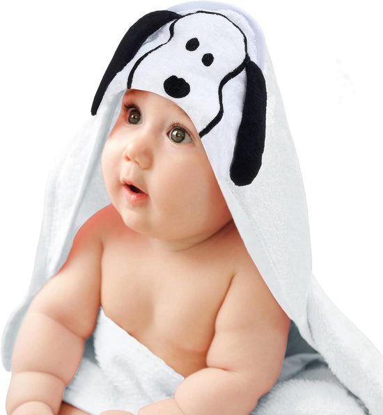 Baby Badhanddoek - Handdoek met capuchon - Baby afdrogen - Geborduurd Snoopy gezicht - 76 x 76 cm - Wit