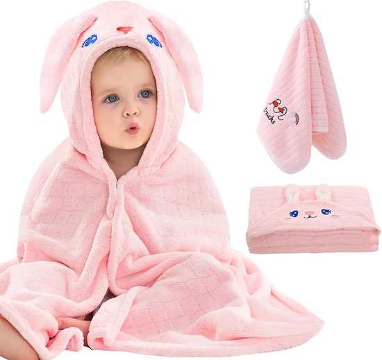 Baby Badhanddoek met Capuchon 80x120 cm - Ultrazachte Kinderhanddoek met Dierenprint - Dikke Koraalfleece