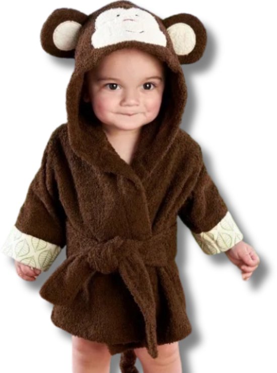 Baby Badjas Aap | 0-12 maanden (0-1 jaar) | ochtendjas | katoen | snel drogend | met capuchon | kraamcadeau | dierenbadjas | sinterklaas | monkey| dier | meisjes en jongens | bruin van Merkloos
