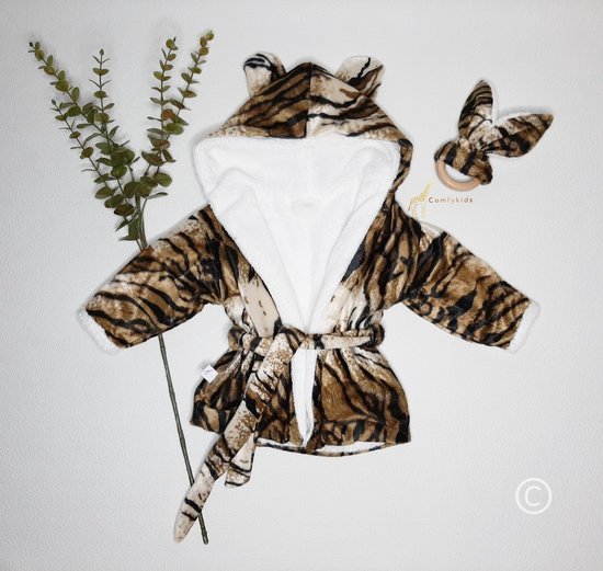 Baby badjas - Comfykids - Tijgerprint groen - Voering badstof - Comfortabel - Zacht - GRATIS bijtring t.w.v. 14,95