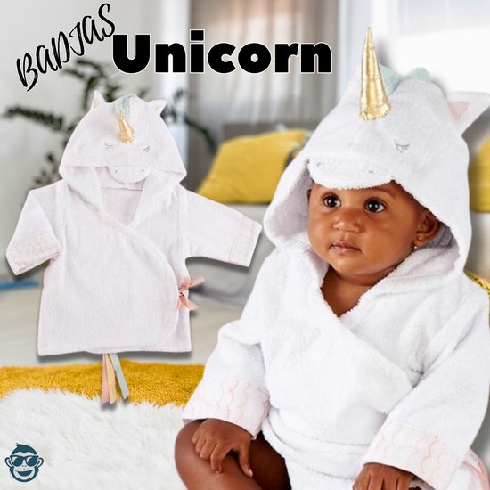 Baby Badjas Eenhoorn | 0-12 maanden (0-1 jaar) | ochtendjas | katoen | snel drogend | met capuchon | kraamcadeau | dierenbadjas | sinterklaas | unicorn | dier | meisjes en jongens | wit