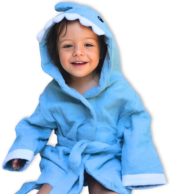 Baby Badjas Haai blauw | 0-12 maanden (0-1 jaar) | ochtendjas | katoen | snel drogend | met capuchon | kraamcadeau | dierenbadjas | sinterklaas | haai | dier | meisjes en jongens | blauw van Mijnkentje
