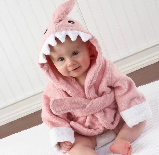 Baby Badjas Haai roze - 0-12 maanden (0-1 jaar) - ochtendjas - katoen - snel drogend - met capuchon - kraamcadeau - dierenbadjas - sinterklaas - haai - dier - meisjes en jongens - roze van Merkloos