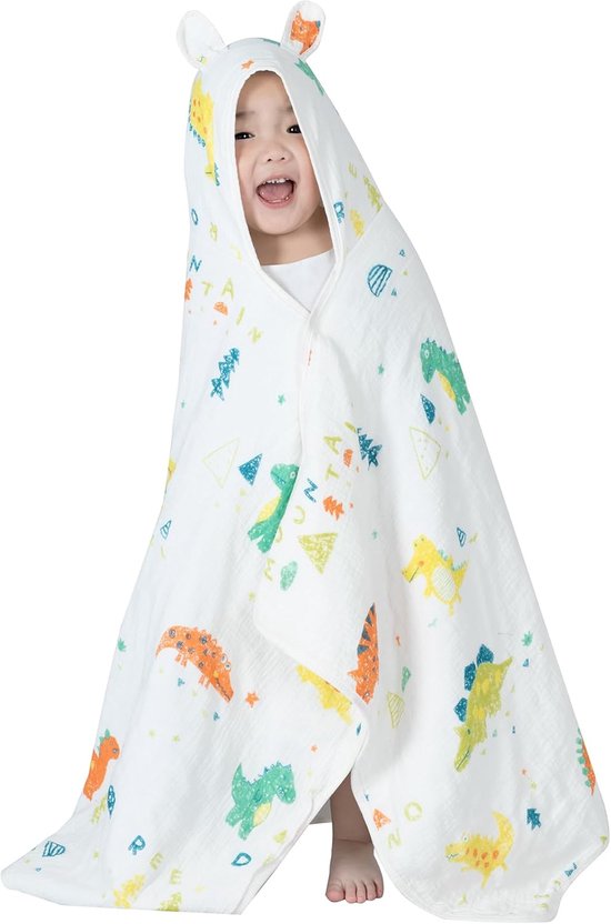 Baby Badjas - Handdoek met capuchon - Na het baden - Zacht mousseline katoen - 63 x 130 cm - Dinosaurus