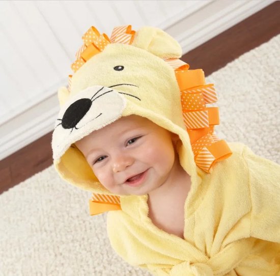 Baby Badjas Leeuw | 0-12 maanden (0-1 jaar) | ochtendjas | katoen | snel drogend | met capuchon | kraamcadeau | dierenbadjas | sinterklaas | lion | dier | meisjes en jongens | geel van Evolive Baby.