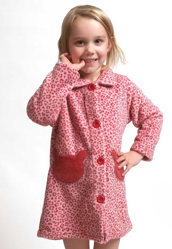Baby badjas panter - knopen badjas kinderen met knoopsluiting - fleece badjas met knopen - meisjes - roze - maat 92 van Merkloos