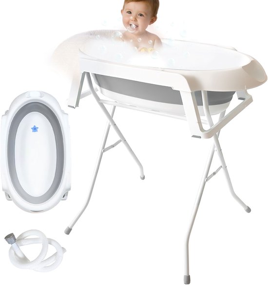 Baby Badkuip met Frame – Nieuwgeboren Bad Set – Grijs – Opvouwbaar Badje met Stevig Standaard – Inclusief Afvoerslang & Stop – Ergonomisch Ontwerp voor Ouders van Merkloos