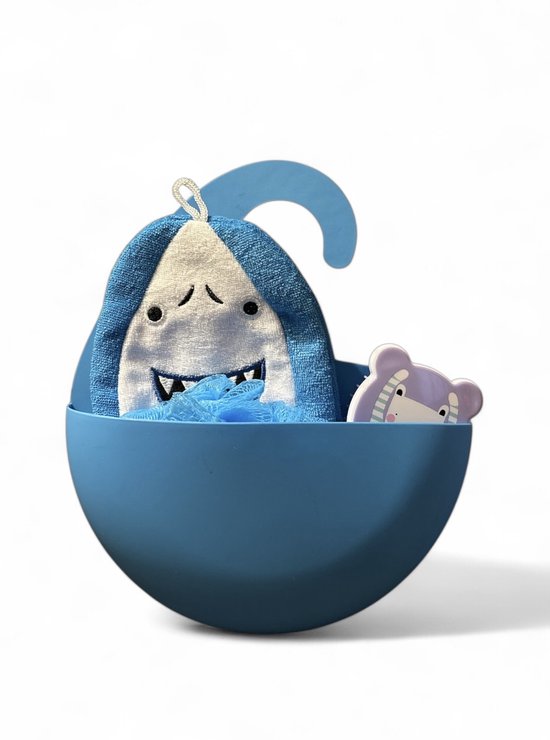 Baby Badset- 4 delig- Met Haak Opbergbak- Wasdoek Haai, Spons & Babyborstel- Blauw