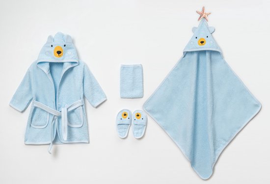 Baby Badset BEER 4-delig – Badjas, Badcape met Capuchon, Slofjes & Washand – 100% Katoen – Lichtblauw - 1 tot 2 jaar van Merkloos