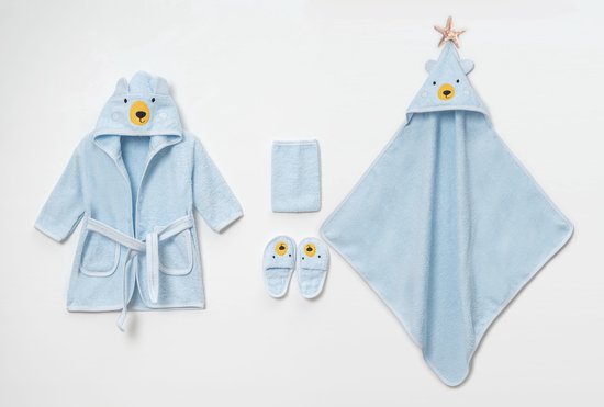 Baby Badset BEER 4-delig – Badjas, Badcape met Capuchon, Slofjes & Washand – 100% Katoen – Lichtblauw - 2-3 jaar van Merkloos