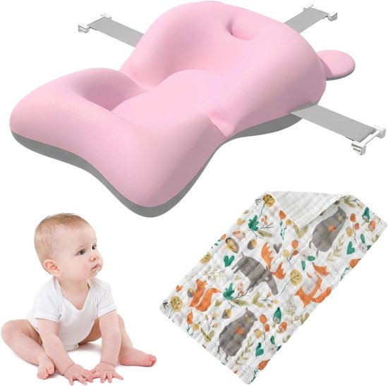Baby Bath Pillow, Adjustable Non-Slip Baby Bath Support, Baby Bath Mat, with Cartoon Towel Set, for Newborn Babies - ShopVlot