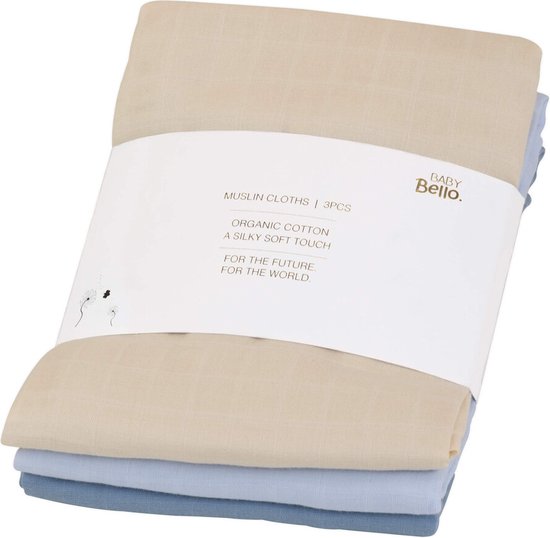 Baby Bello hydrofiele doeken set van drie 65x65 - cashmere blue / blauw-beige van Baby Bello
