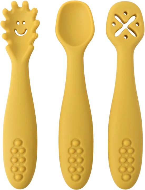 Baby Bestek Set van Siliconen - 3 stuks Bestek - Babyshower - Baby Cadeau - Bestekje - Geel - BPA vrij van Athyior