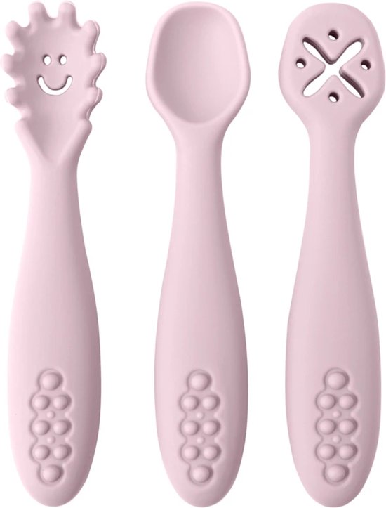 Baby Bestek Set van Siliconen - 3 stuks Bestek - Babyshower - Baby Cadeau - Bestekje - Roze - BPA vrij van Jollein