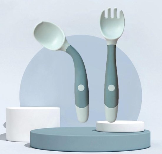 Baby Bestek Siliconen - Vork en Lepel - Buigzaam Oefenbestek - babyservies - Blauw van Knots Kids Concepts