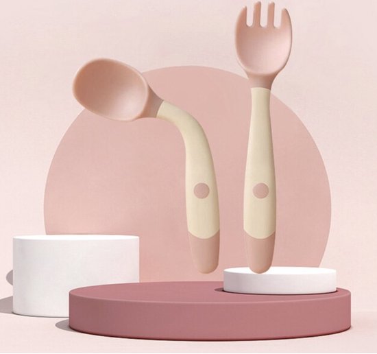Baby Bestek Siliconen - Vork en Lepel - Buigzaam Oefenbestek - babyservies - Roze van Mimibixi