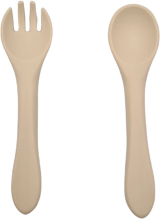 Baby bestekset - Kinderbestek - Oefenbestek - Buigzaam - Flexibel - Vork en lepel - Peuterbestek - Beige van Kleine Giraf