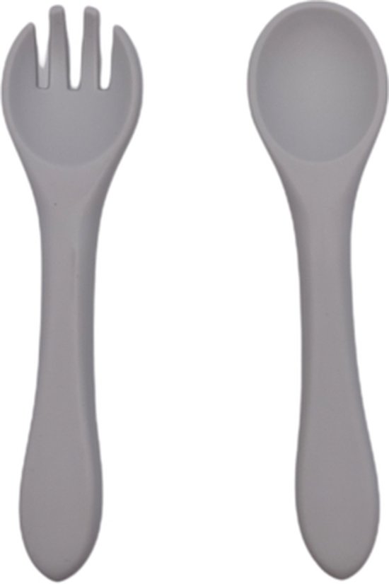 Baby bestekset - Kinderbestek - Oefenbestek - Buigzaam - Flexibel - Vork en lepel - Peuterbestek - Grijs van Kleine Kwesties