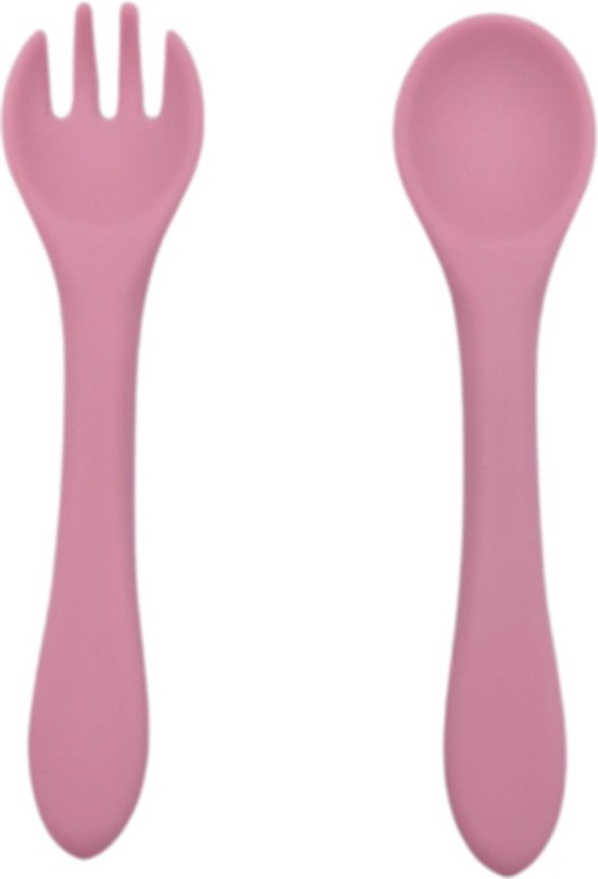 Baby bestekset - Kinderbestek - Oefenbestek - Buigzaam - Flexibel - Vork en lepel - Peuterbestek - Rose van Inviya Kids