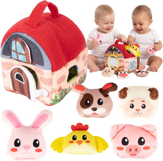 Baby Boerderij Knuffelset met Schuur - 6 Pluche Dieren met Rammelaars Knispergeluid Spiegel - Montessori Sensorisch Speelgoed voor Motoriek Zintuigen - Kraamcadeau & Sinterklaas Surprise - 6-36 Maanden van CHOOLY