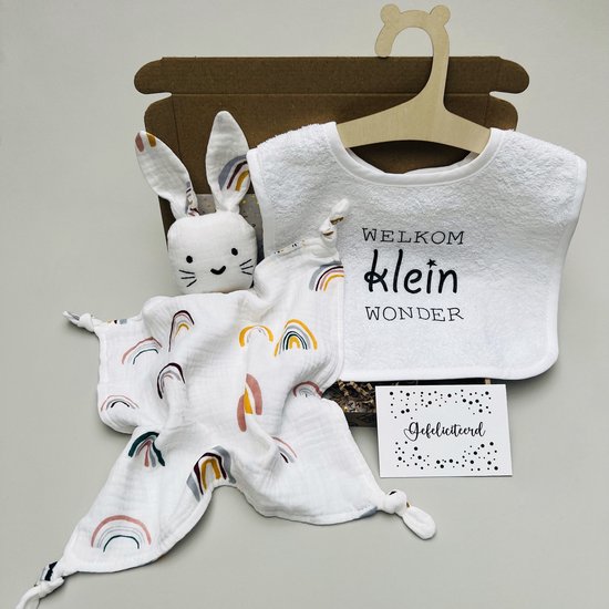 Baby brievenbus cadeau - Kraamcadeau - Slab Welkom klein wonder - knuffeldoekje/speendoekje regenboog - babyshower cadeau - zwangerschap cadeau - geboorte baby - baby cadeau