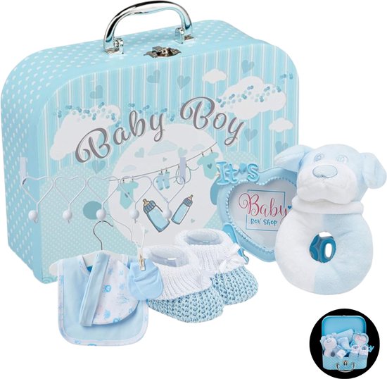 Baby cadeau Baby jongen met babyset Pasgeboren set jongen inclusief rammelaar, fotolijst, mousseline doek, slabbetje, sokken, handschoenen en muts van Miko Goods