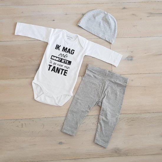 Baby cadeau geboorte unisex jongen of Meisje Setje 3-delig newborn - maat 62-68 - grijs mutsje en broekje en romper lange mouw wit met zwarte tekst ik mag ook nooit iets ik ga naar mijn tante Kraamcadeau aankondiging bekendmaking zwangerschap van MilaTonie