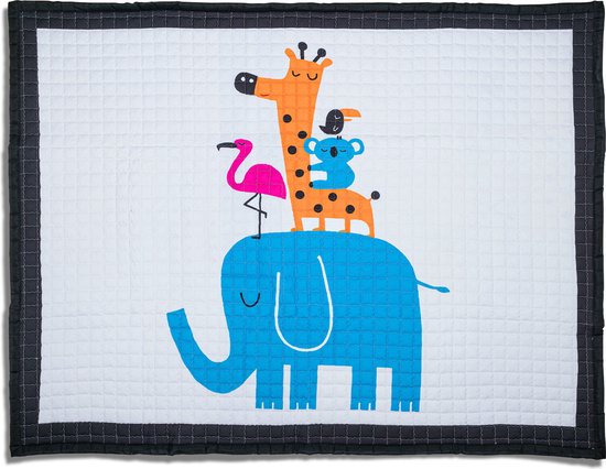 Baby cadeau jongen en meisje - Grote speelmat kinderkamer - Olifant - met schattige dieren - Vloerkleed  babykamer - kindertapijt - speelkleed jongens en meisjes - Groen - Zwart - Wit van Joyful Collections