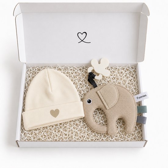 Baby Cadeau Jongen Meisje | Kraamcadeau | Babyshower Cadeau | Gender Reveal Cadeau | Geboorte Cadeau | Newborn Cadeau | Mutsje Hartje & Tutpop Olifant | Luxe Brievenbus Cadeau | Blijeitje